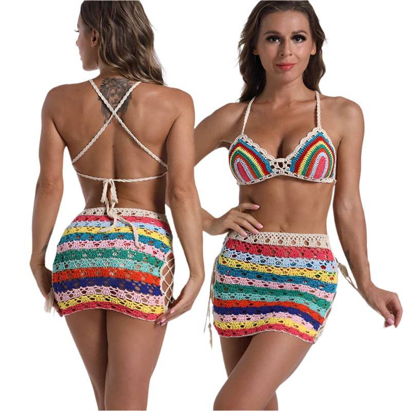 3-piece Set Hand Crochet Mini Tight Fit Bikini Swim Skirt Beach Women Swimsuit Bathing Suit