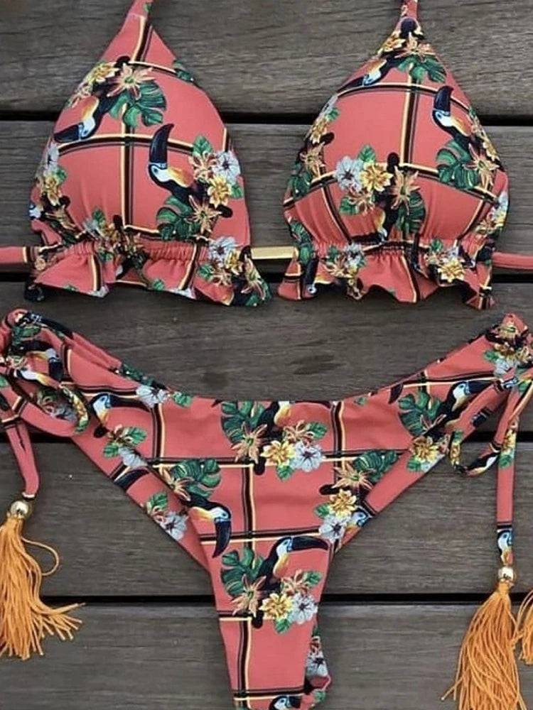 
                  
                    2020 Women Sexy Bikini Set Up Floral Print Bandage Swimsuit High Waist Thong Brazilian Biquini swimwear Summer Beach Wear
                  
                