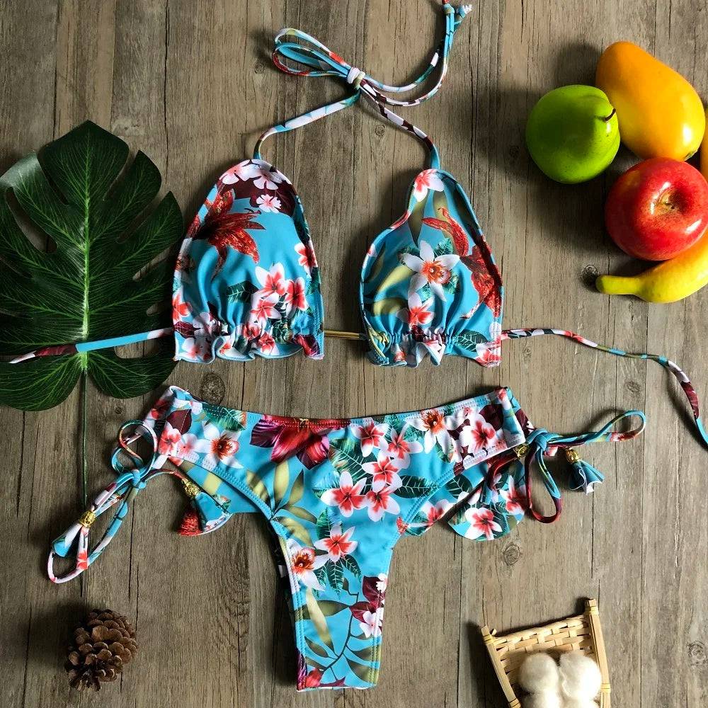 
                  
                    2020 Women Sexy Bikini Set Up Floral Print Bandage Swimsuit High Waist Thong Brazilian Biquini swimwear Summer Beach Wear
                  
                