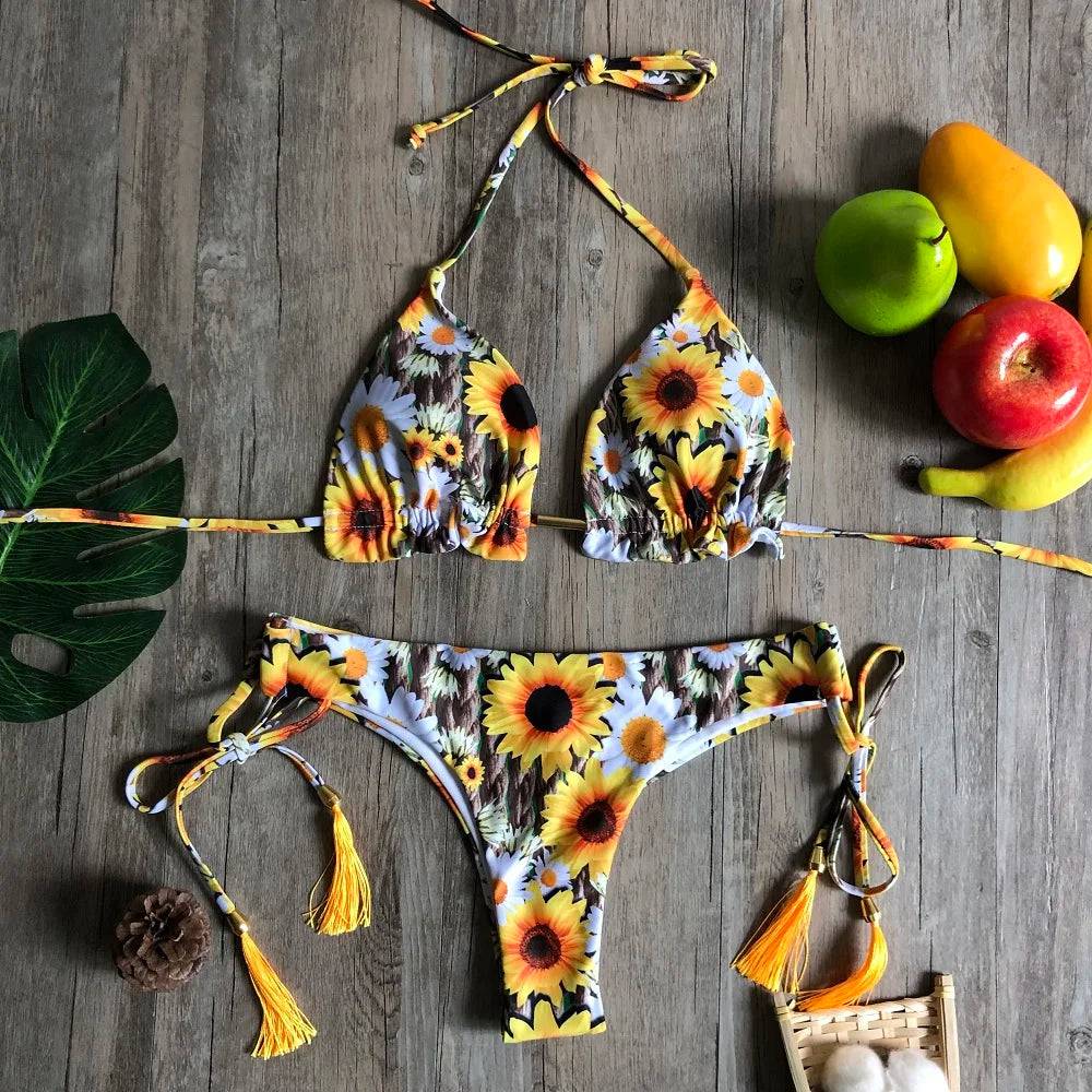 
                  
                    2020 Women Sexy Bikini Set Up Floral Print Bandage Swimsuit High Waist Thong Brazilian Biquini swimwear Summer Beach Wear
                  
                