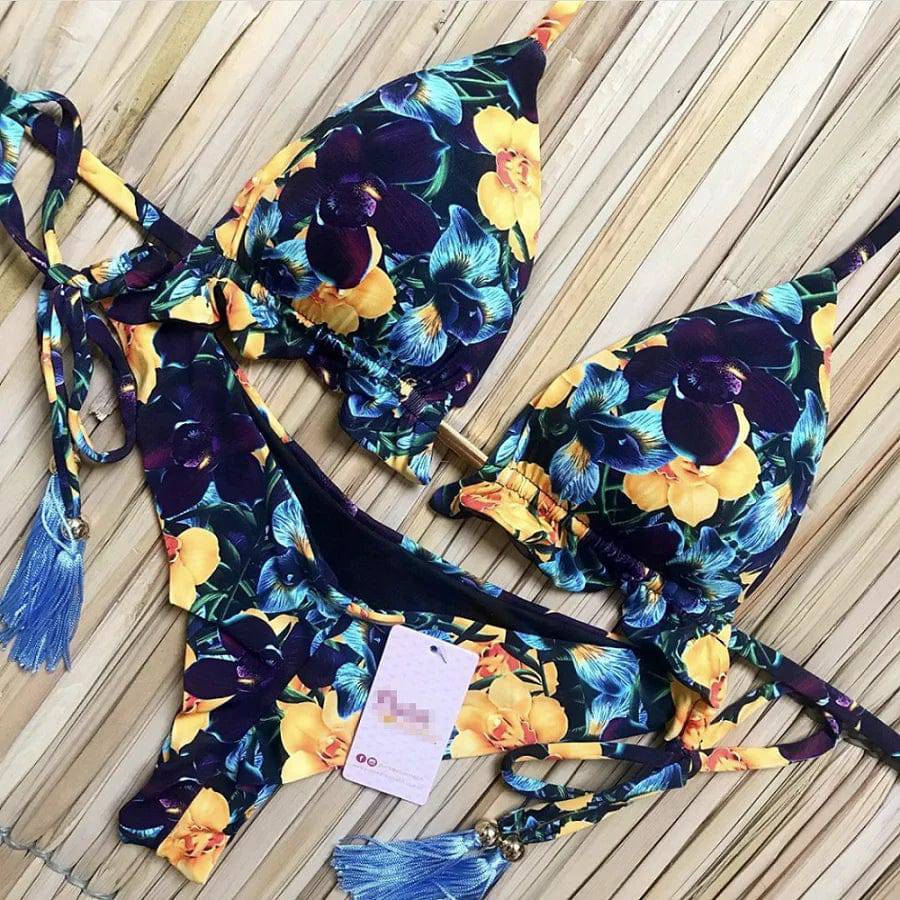 
                  
                    2020 Women Sexy Bikini Set Up Floral Print Bandage Swimsuit High Waist Thong Brazilian Biquini swimwear Summer Beach Wear
                  
                