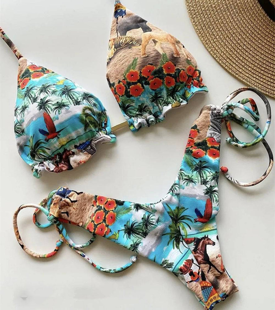 
                  
                    2020 Women Sexy Bikini Set Up Floral Print Bandage Swimsuit High Waist Thong Brazilian Biquini swimwear Summer Beach Wear
                  
                