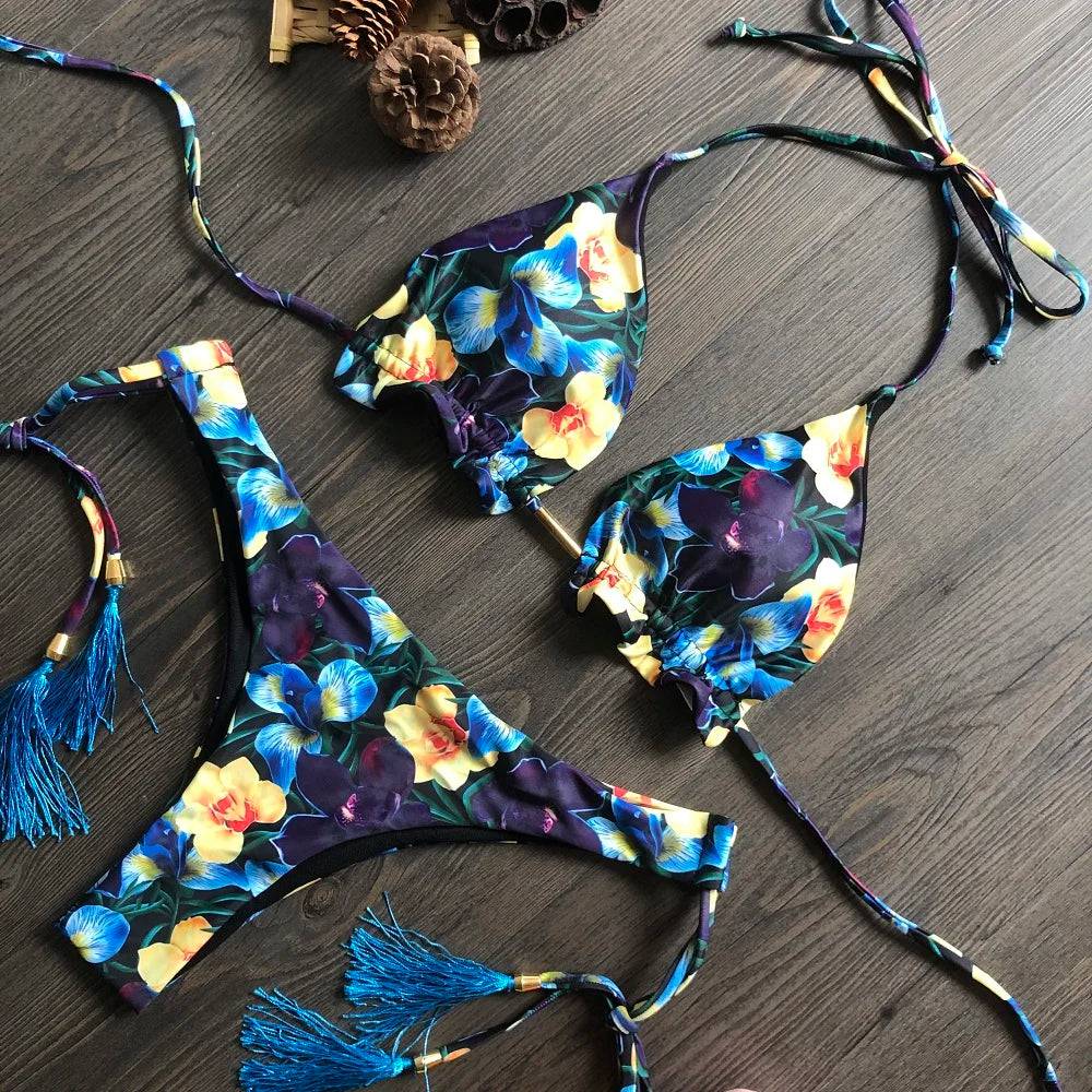 
                  
                    2020 Women Sexy Bikini Set Up Floral Print Bandage Swimsuit High Waist Thong Brazilian Biquini swimwear Summer Beach Wear
                  
                