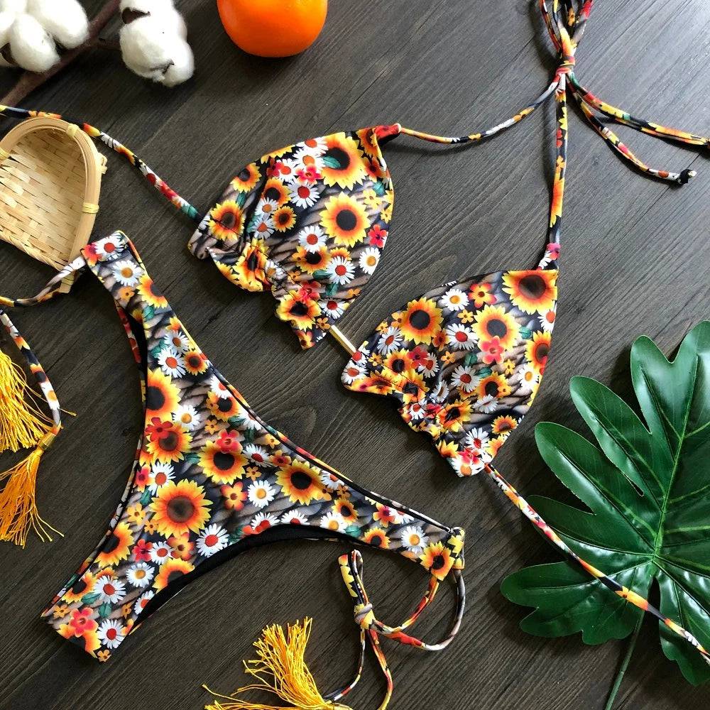 
                  
                    2020 Women Sexy Bikini Set Up Floral Print Bandage Swimsuit High Waist Thong Brazilian Biquini swimwear Summer Beach Wear
                  
                