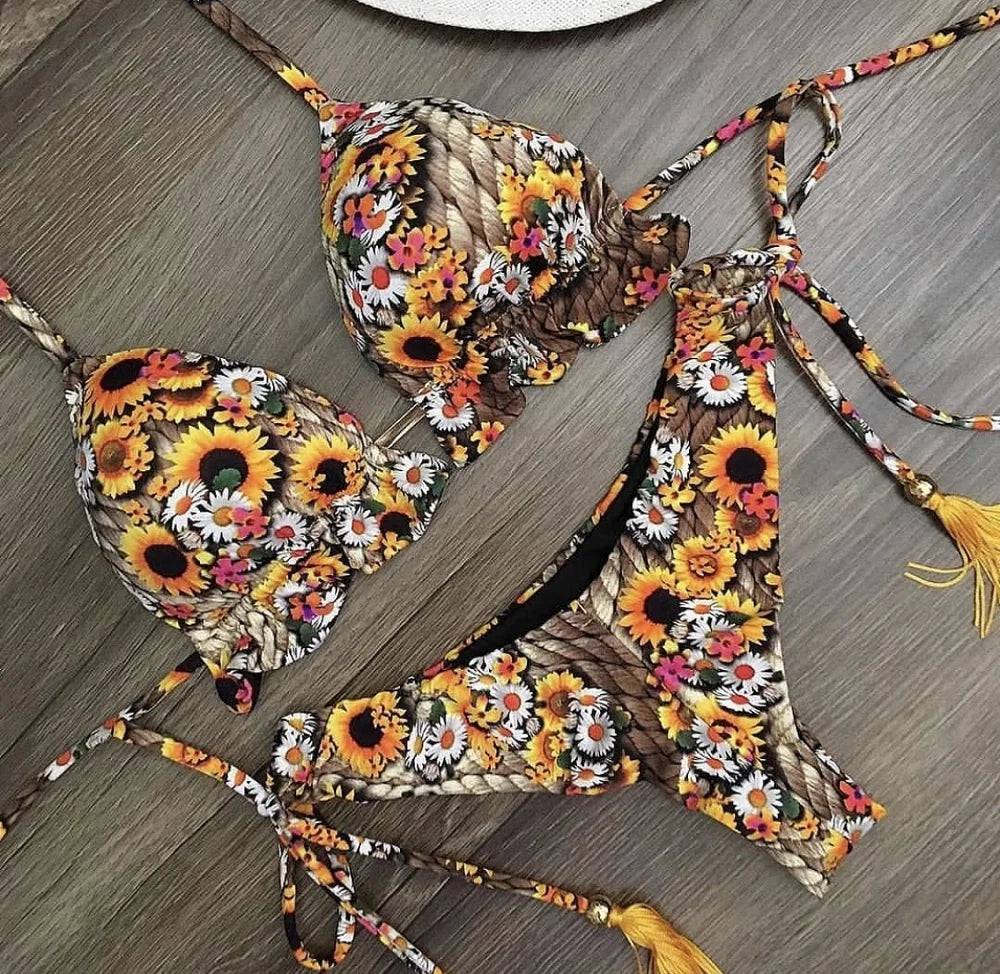 
                  
                    2020 Women Sexy Bikini Set Up Floral Print Bandage Swimsuit High Waist Thong Brazilian Biquini swimwear Summer Beach Wear
                  
                