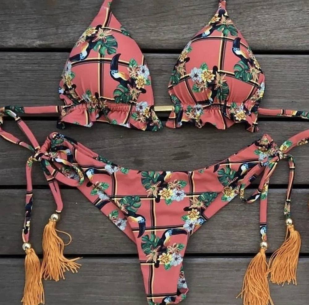 
                  
                    2020 Women Sexy Bikini Set Up Floral Print Bandage Swimsuit High Waist Thong Brazilian Biquini swimwear Summer Beach Wear
                  
                