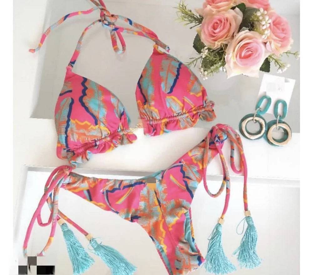 
                  
                    2020 Women Sexy Bikini Set Up Floral Print Bandage Swimsuit High Waist Thong Brazilian Biquini swimwear Summer Beach Wear
                  
                