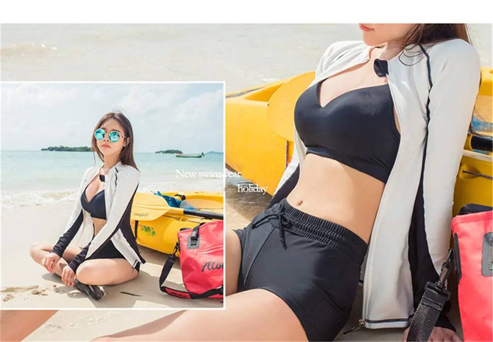 
                  
                    Summer Rash Guard Women Patchwork Swimwear Push Up Swimsuit Three Pieces Surfing Suit With Bra White Bathing Suit Shorts
                  
                