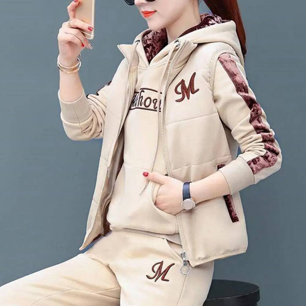 
                  
                    3Pcs/Set Simple Waistcoat Hoodie Pants Patchwork Color Women Tracksuit Multi Pockets Cold Resistant
                  
                