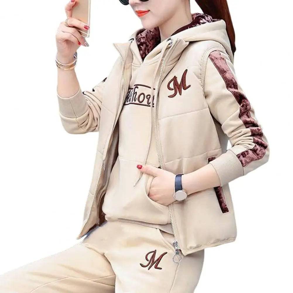 
                  
                    3Pcs/Set Simple Waistcoat Hoodie Pants Patchwork Color Women Tracksuit Multi Pockets Cold Resistant
                  
                