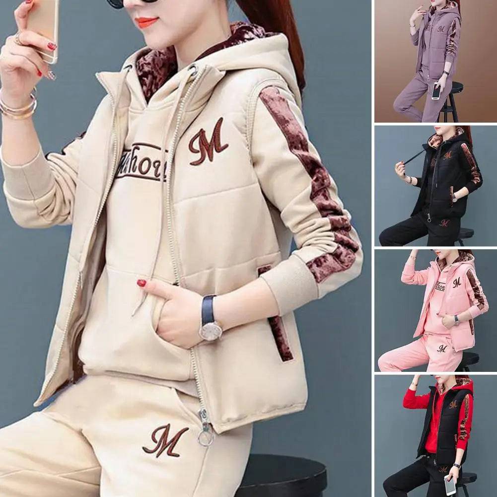 
                  
                    3Pcs/Set Simple Waistcoat Hoodie Pants Patchwork Color Women Tracksuit Multi Pockets Cold Resistant
                  
                