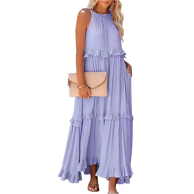 Women Casual Solid Ruffles Long Dress Summer Elegant Sleeveless Sundress Elegant Harajuku Maxi Dress Beach Party Evening Vestido