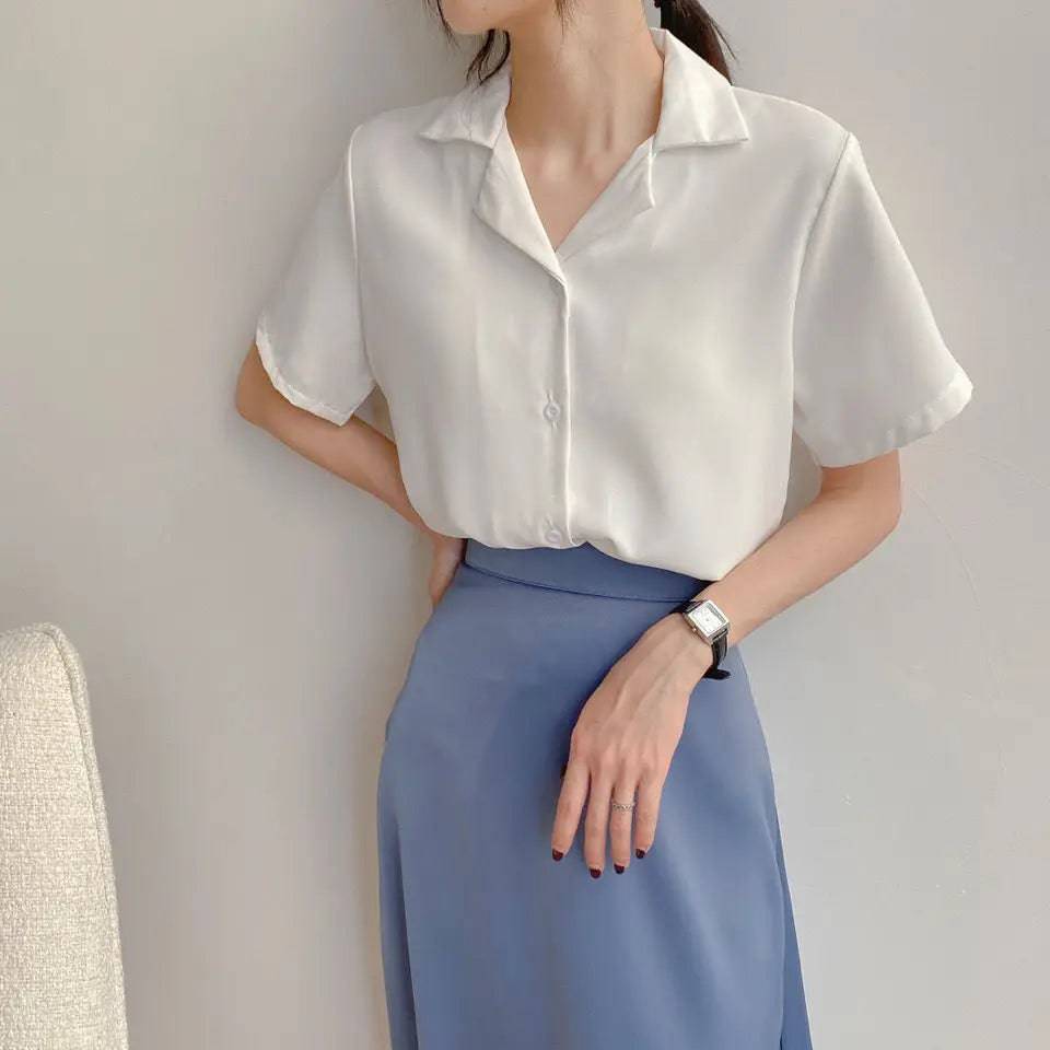 
                  
                    Women Summer Chiffon Blouse Elegant Short Sleeve V Neck Loose Shirt Casual Solid Korean Chic Simple Tops Female Tunic Blusas
                  
                