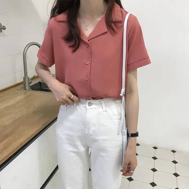 
                  
                    Women Summer Chiffon Blouse Elegant Short Sleeve V Neck Loose Shirt Casual Solid Korean Chic Simple Tops Female Tunic Blusas
                  
                