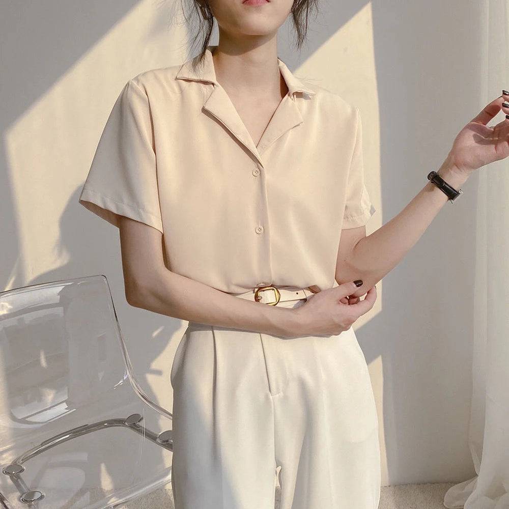 
                  
                    Women Summer Chiffon Blouse Elegant Short Sleeve V Neck Loose Shirt Casual Solid Korean Chic Simple Tops Female Tunic Blusas
                  
                