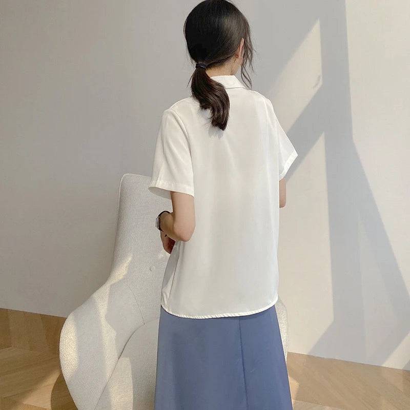 
                  
                    Women Summer Chiffon Blouse Elegant Short Sleeve V Neck Loose Shirt Casual Solid Korean Chic Simple Tops Female Tunic Blusas
                  
                