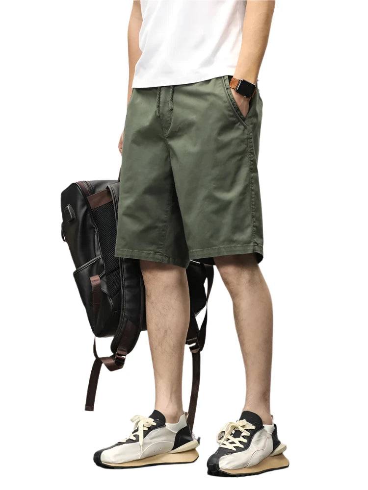 Summer Casual Shorts Men Stretch Cotton Drawstring Solid Workwear Straight Cargo Shorts Male Loose Bermuda Short Pants