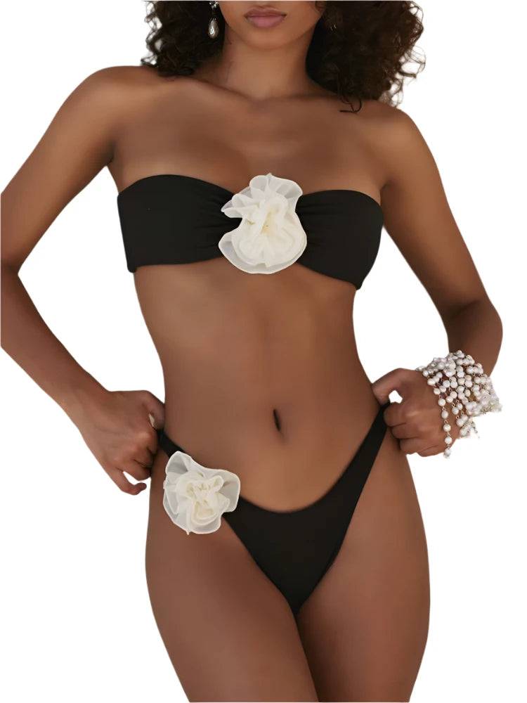 3D Flowers Brazilian Strapless Bandeau Bikini Female Swimsuit Women Swimwear Two-pieces Bikini Set High Cut Bathing Suit Swim