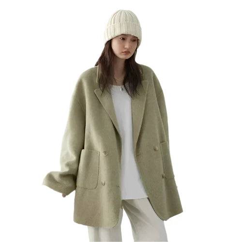 CHIC VEN Women's Woolen Coats Loose Casual Double Breasted Retro Double-sided Jacket Office Lady Outerwear Autumn Winter 2023