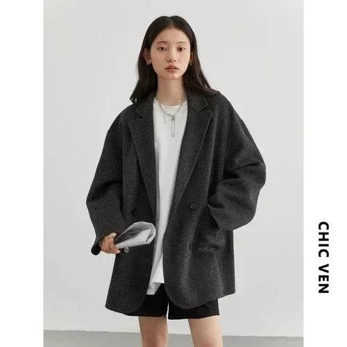 
                  
                    CHIC VEN Women's Woolen Coats Loose Casual Double Breasted Retro Double-sided Jacket Office Lady Outerwear Autumn Winter 2023
                  
                