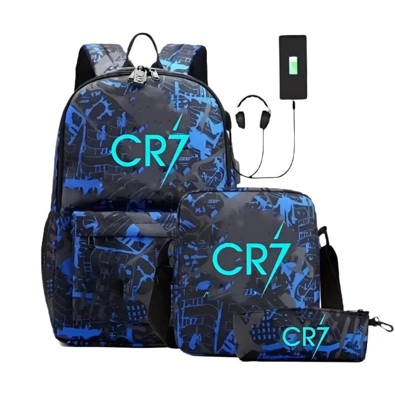 3pcs Luminous CR7 Backpacks USB Charge Women Men Durable Casual Student Laptop School Bags Teens Sports Capacity Mochilas