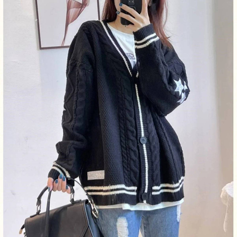 
                  
                    Star Embroidery Y2K Sweaters Women Vintage Winter Streetwear Casual Single Breasted Long Sleeve Top Loose Knitted Cardigans Coat
                  
                