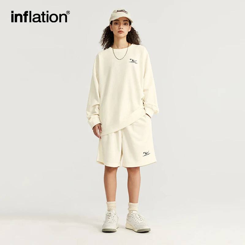 
                  
                    INFLATION Spring Oversized Tracksuit Sportswear Unisex Pique Fabric Embroidery Long Sleeve Tees and Shorts Set
                  
                