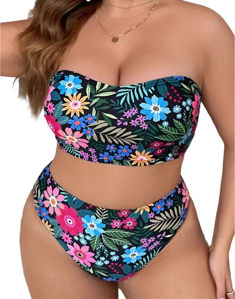 VigoJany 2024 Print Bandeau 2 Piece Plus Size Bikini Set Women Push Up High Waist Large Big Swimsuit Beach Chubby Bathing Suit