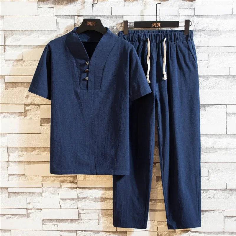 
                  
                    New 2024 Summer Short Sleeve T-Shirts+Long Pants Sets Solid Color Tracksuit Men Clothing Streetwear Male Casual Drawstring Suits
                  
                