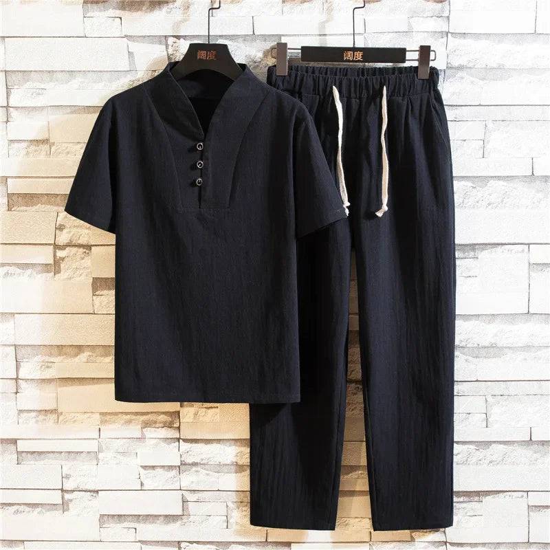 
                  
                    New 2024 Summer Short Sleeve T-Shirts+Long Pants Sets Solid Color Tracksuit Men Clothing Streetwear Male Casual Drawstring Suits
                  
                