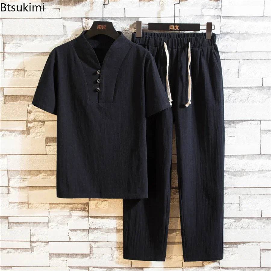 
                  
                    New 2024 Summer Short Sleeve T-Shirts+Long Pants Sets Solid Color Tracksuit Men Clothing Streetwear Male Casual Drawstring Suits
                  
                