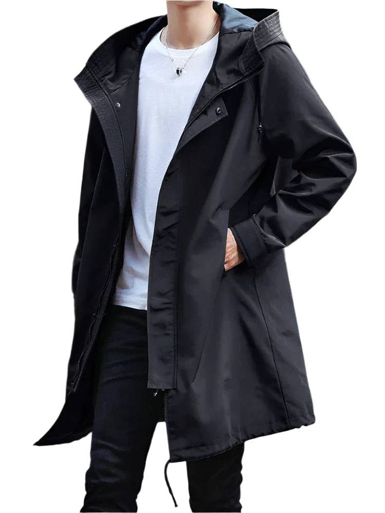 Spring Autumn Long Trench Coat Men Fashion Hooded Windbreaker Black Overcoat Casual Jackets