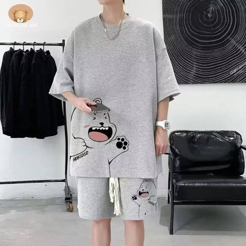 
                  
                    Summer Man Tracksuit Japan Cartoon Streetwear Hip Hop Rock Casual Short Suit Cool Printed waffle T Shirts Shorts 2 Piece Set New
                  
                