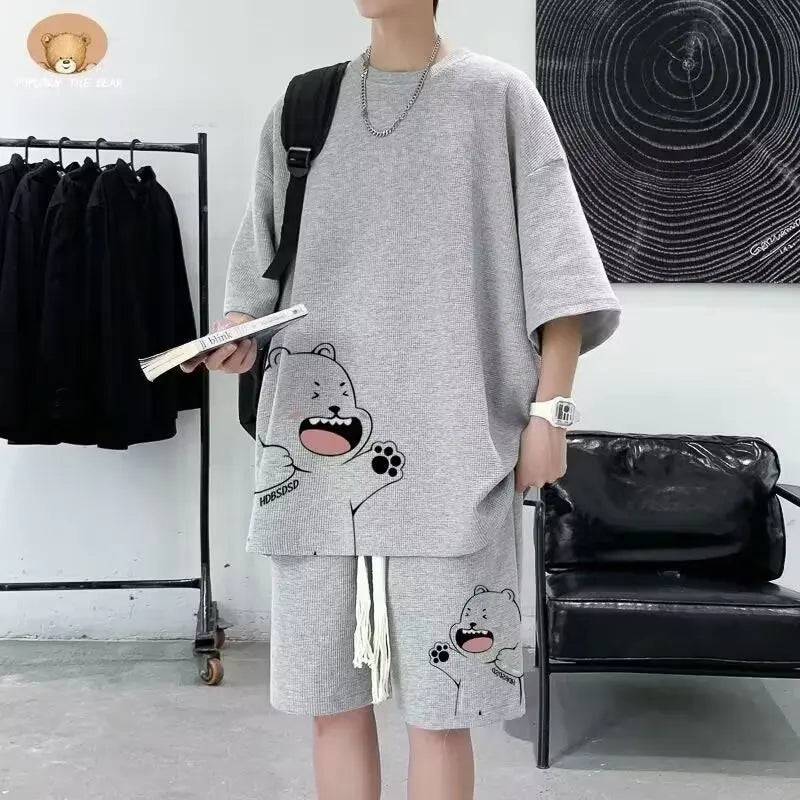 
                  
                    Summer Man Tracksuit Japan Cartoon Streetwear Hip Hop Rock Casual Short Suit Cool Printed waffle T Shirts Shorts 2 Piece Set New
                  
                