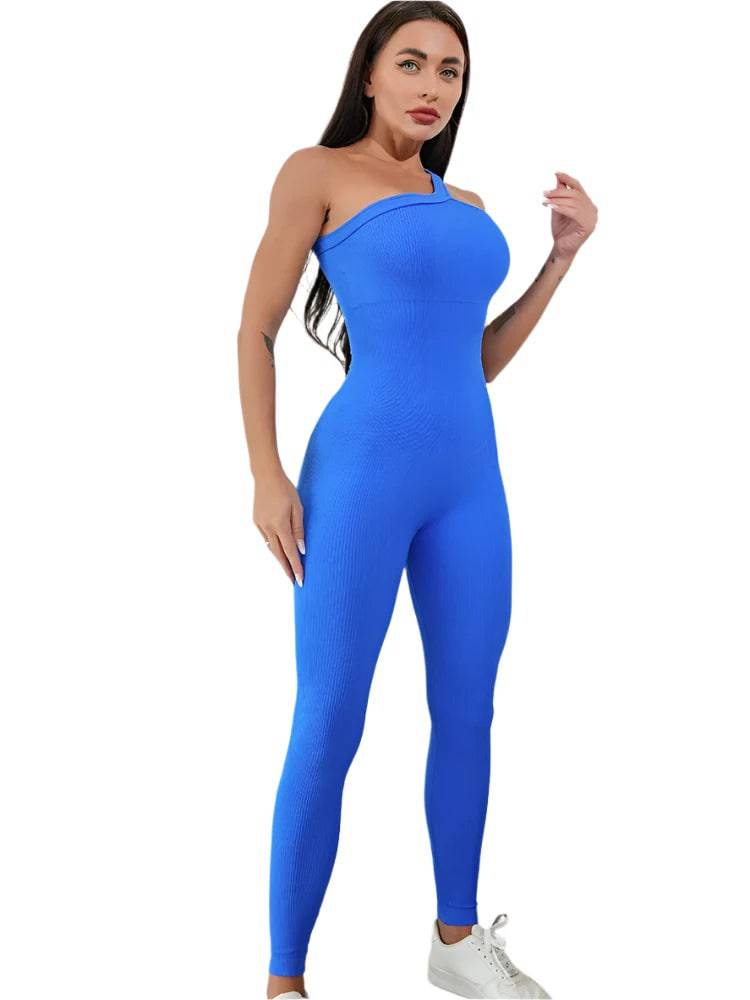 Women's Tracksuit One Shoulder Solid Yoga Jumpsuit One Piece Workout Sleeveless Rompers Sportswear Gym Set