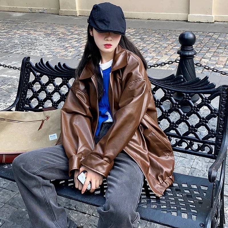 
                  
                    Korean Black Leather Jacket Women Winter Long Women's Moto Biker Zipper Jacket Streetwear Harajuku Y2K Loose Women's Coat 2023
                  
                