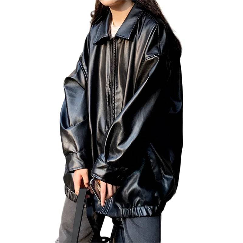 Korean Black Leather Jacket Women Winter Long Women's Moto Biker Zipper Jacket Streetwear Harajuku Y2K Loose Women's Coat 2023