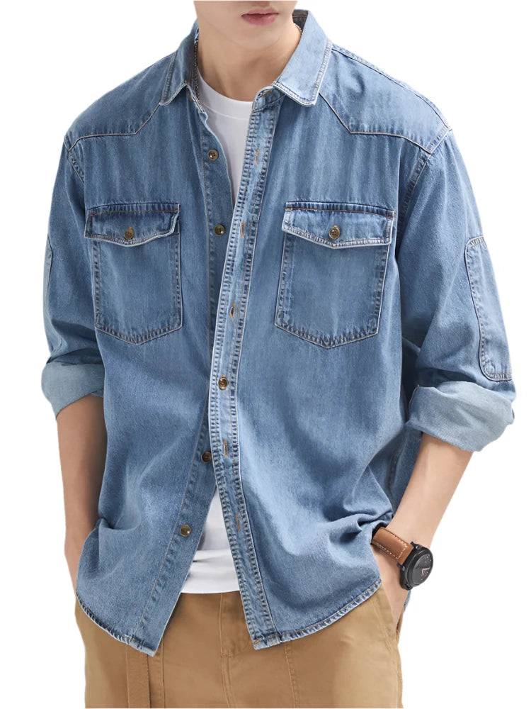 2024 New Denim Cotton Men's Shirt Long Sleeve Black Blue Drop Shoulder Button Pockets Cowboy Loose Casual Work Jeans Shirts