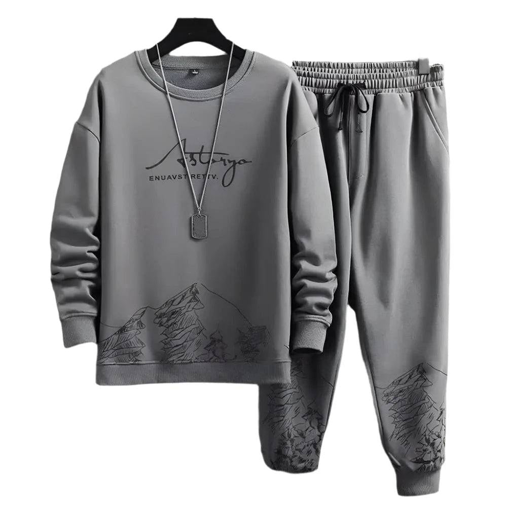 Comfortable Men Track Suit Men's Mountain Print Tracksuit Set with O-neck Sweatshirt Drawstring Jogger Pants for Autumn Winter