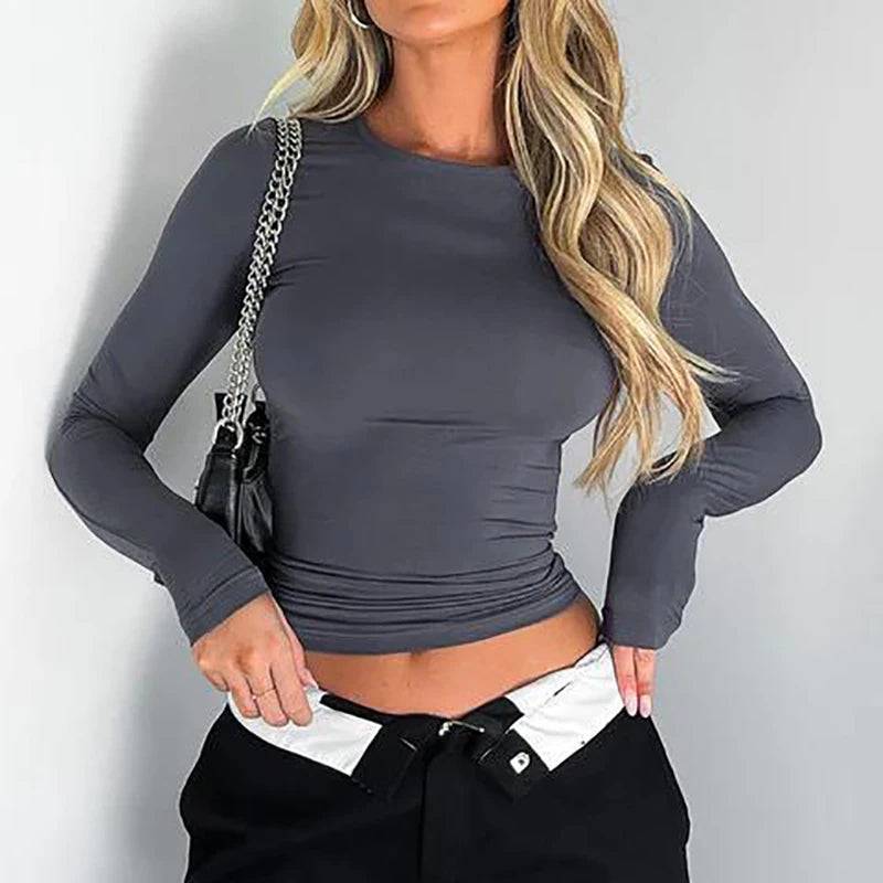 Long Sleeve T-Shirts Crop Tops Women Autumn Spring Slim O Neck Causal Solid Pullovers Base Tees Streetwear Y2K Bodycon T Shirt