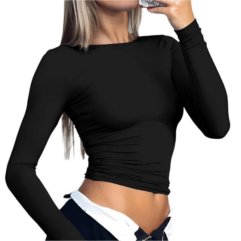 Long Sleeve T-Shirts Crop Tops Women Autumn Spring Slim O Neck Causal Solid Pullovers Base Tees Streetwear Y2K Bodycon T Shirt