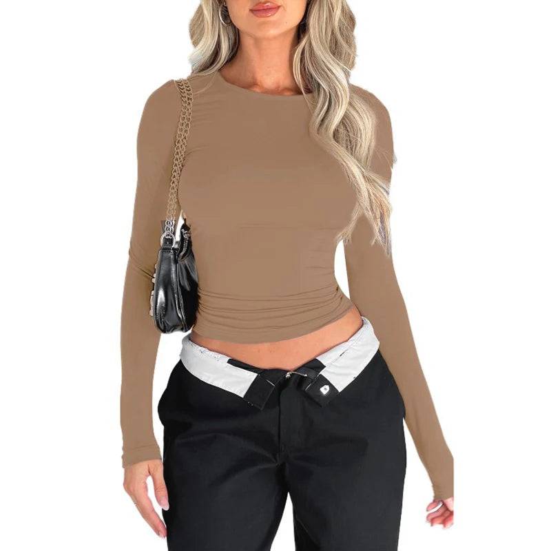 
                  
                    Long Sleeve T-Shirts Crop Tops Women Autumn Spring Slim O Neck Causal Solid Pullovers Base Tees Streetwear Y2K Bodycon T Shirt
                  
                