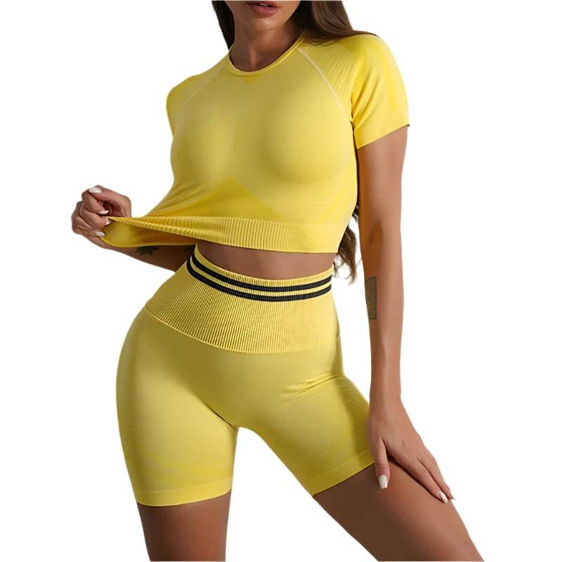 Seamless Yoga Set Gym Suits Short Sleeve Crop Top High Wiast Shorts 2 Pieces Set Running Workout Outfit Fitness Clothing