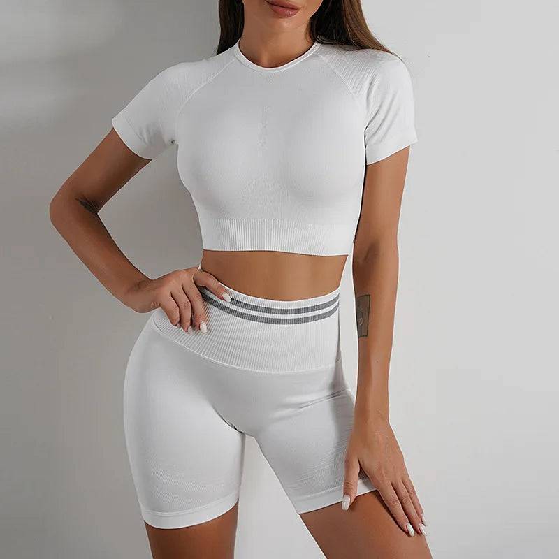 
                  
                    Seamless Yoga Set Gym Suits Short Sleeve Crop Top High Wiast Shorts 2 Pieces Set Running Workout Outfit Fitness Clothing
                  
                