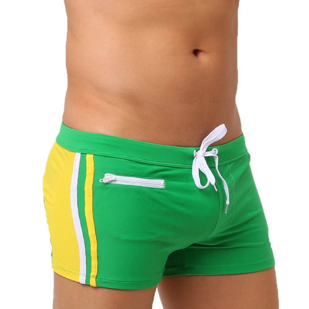 Sexy Swimsuit Beach Quick Drying Trunks Men Swimwear with Zipper Pocket Swimming Boxer Brief Square Leg Bathing Suit Board Short