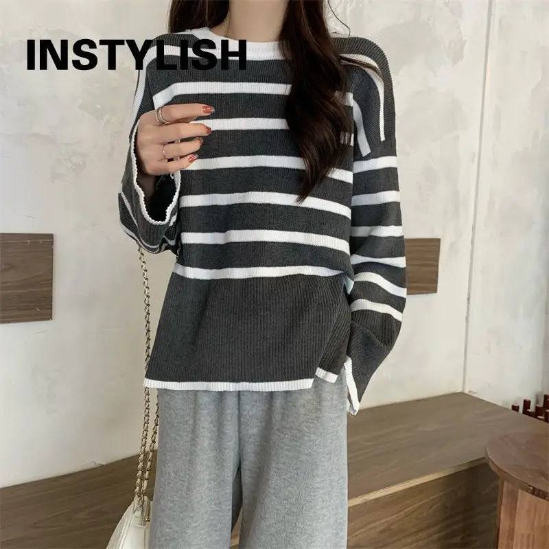 
                  
                    Korean Striped Loose Sweater Women Autumn Winter Elegant Harajuku Knitted Pullover Retro O Neck Oversized Tops Streetwear Jumper
                  
                