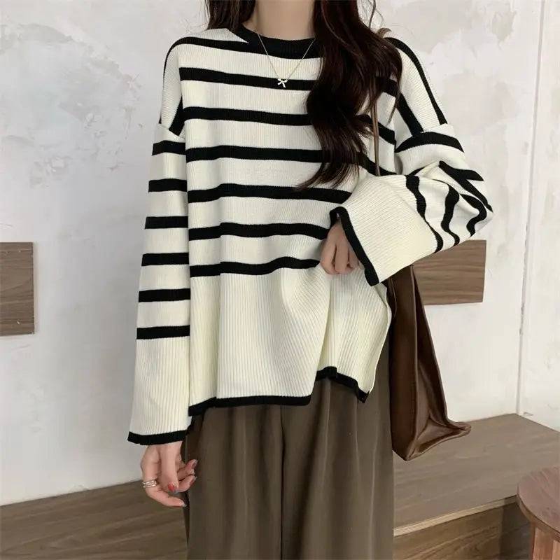 
                  
                    Korean Striped Loose Sweater Women Autumn Winter Elegant Harajuku Knitted Pullover Retro O Neck Oversized Tops Streetwear Jumper
                  
                