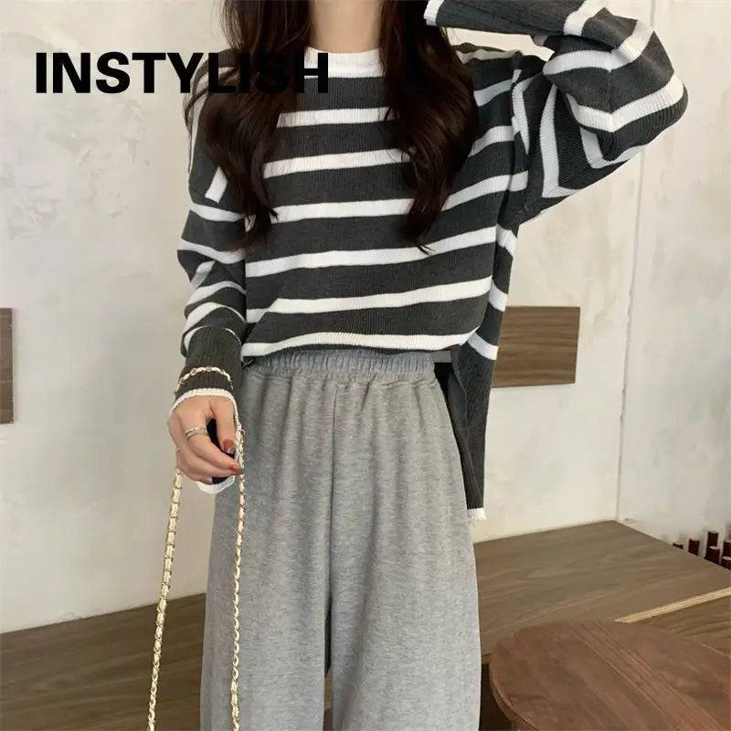 
                  
                    Korean Striped Loose Sweater Women Autumn Winter Elegant Harajuku Knitted Pullover Retro O Neck Oversized Tops Streetwear Jumper
                  
                