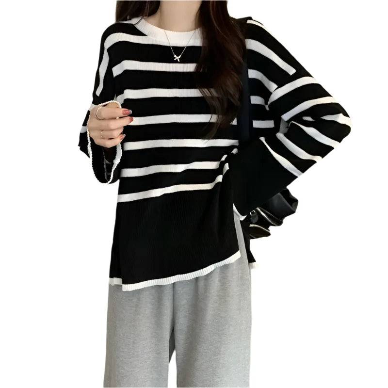 Korean Striped Loose Sweater Women Autumn Winter Elegant Harajuku Knitted Pullover Retro O Neck Oversized Tops Streetwear Jumper