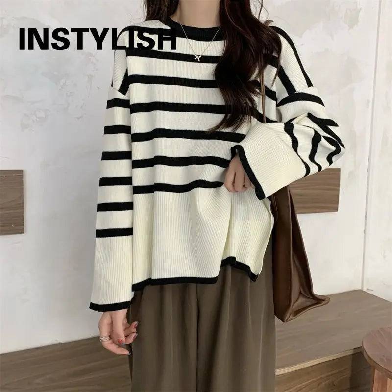 
                  
                    Korean Striped Loose Sweater Women Autumn Winter Elegant Harajuku Knitted Pullover Retro O Neck Oversized Tops Streetwear Jumper
                  
                